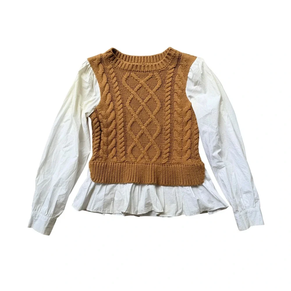 Anthropologie‎ Mixed Media Cable Knit Sweater Vest Poplin Peplum Top Brown XS